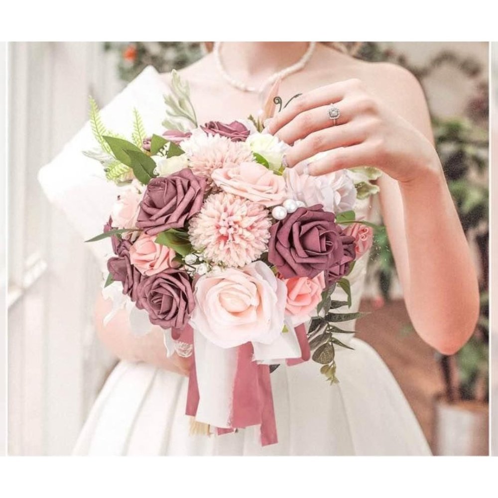 35 Piece | Dusty Rose Pink Shades & Ivory Blush Bouquet Flowers Wedding Floral